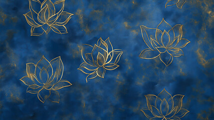 Poster - Golden Lotus Patterns on Deep Blue Background