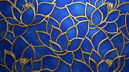 Poster - Golden Lotus Patterns on Deep Blue Background