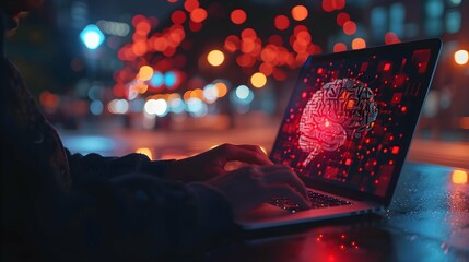 Male hands are typing on a laptop keyboard, with brain icon a man works, develops a business, studies, plays a computer game at night. Ai generative. Illustration.