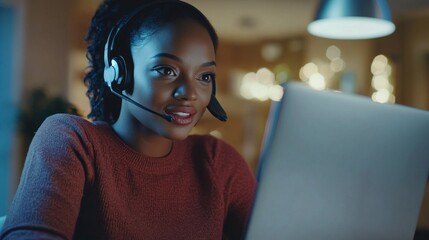 Aufkleber - A woman wearing a headset is sitting in front of a laptop