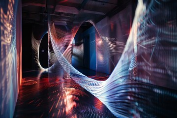 Poster - Light installation forming abstract wavy shapes with red and blue light trails in dark interior
