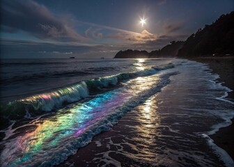 Poster - Stunning Night Photography of Smooth Holographic Waves Reflecting Moonlight with Vibrant Colors and Ethereal Light Patterns in a Tranquil Seascape Setting