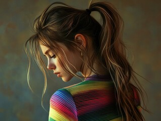 Poster - Woman with Ponytail in Colorful Shirt