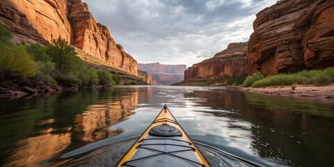 Poster - Surreal Kayak Journey Along a Dreamlike River with Distorted Reflections and Ethereal Landscapes Highlighting the Beauty of Nature and Adventure in a Captivating Scene