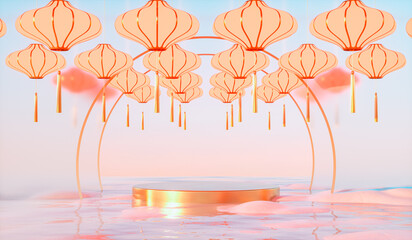 Aufkleber - Abstract Chinese lantern background with a podium for product display. 3d rendering.