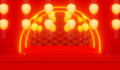 Poster - Abstract Chinese lantern background with a podium for product display. 3d rendering.
