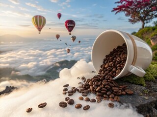 Poster - Surreal Scene of Coffee Beans Pouring from an Upside-Down Coffee Cup Amidst a Dreamlike Landscape with Floating Clouds and Vivid Colors