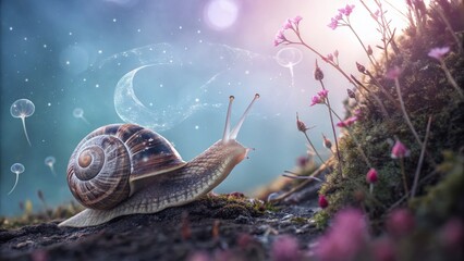 Poster - Surreal Snail Encounter in a Dreamlike Landscape with Vivid Colors and Mystical Elements, Invoking Imagination and Wonder in a Unique Artistic Composition