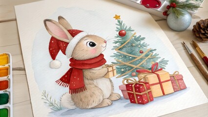 Wall Mural - Watercolor painting of a bunny getting ready for christmas, wearing a santa hat and a red scarf