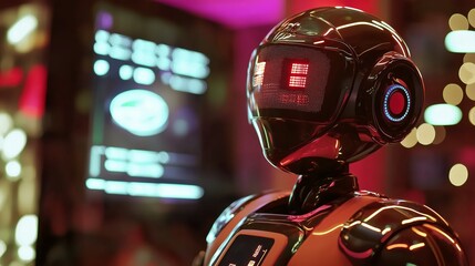 Poster - Close-Up View of an AI Robot Engaged with Virtual Screens in a Vibrant Setting Emphasizing Technology and Innovation in Futuristic Environments