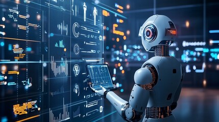 Fototapete - Digital Landscape of Interconnected Devices: A Futuristic Robot Engaging with Advanced Technology in a Connected Environment