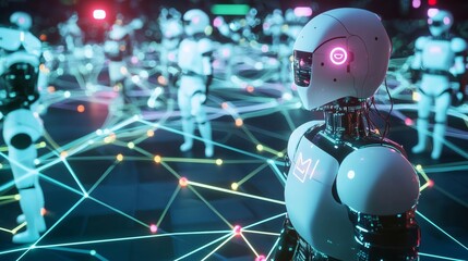 Poster - Futuristic 3D Diagram Illustrating an API Connection with Robotic Figures in a Network of Lines and Nodes, Emphasizing Advanced Technology and Digital Interaction
