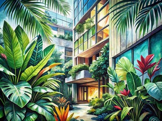 Poster - Tropical Watercolor Leaves: A Stunning Architectural Photography Composition Highlighting Lush Greenery and Modern Design Elements in a Serene Environment