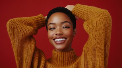 Poster - A woman with a big smile is wearing a yellow sweater