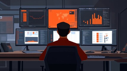 Poster - Professional individual monitoring multiple digital displays in a modern control room, showcasing data analysis and cybersecurity metrics with an orange and black theme