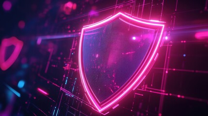Poster - Futuristic Digital Shield in Neon Lights Representing Data Protection and Cyber Security in a High-Tech Environment with Colorful Visual Effects