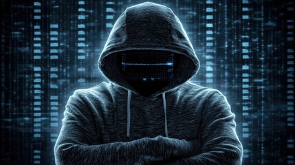 Poster - Mysterious Figure in Hoodie Surrounded by Digital Matrix Background Representing Cybersecurity, Hacking, and Technology Concepts for Modern Design Applications