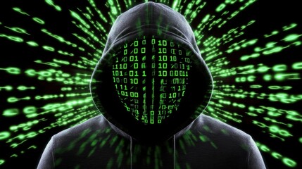 Poster - Mysterious Figure in Hooded Sweatshirt Surrounded by Glowing Green Binary Code Representing Cybersecurity and Digital Threats in a Dark Background