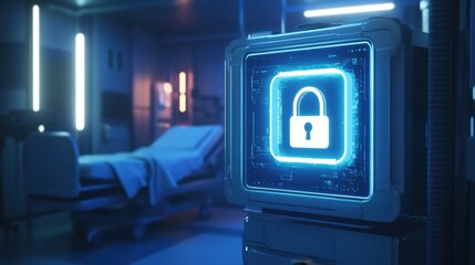 Poster - Digital Lock Symbol on a Futuristic Display in a Hospital Room, Representing Patient Data Security and Protection in Healthcare Technology Environment
