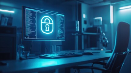 Poster - Cybersecurity Office Environment with Computer Displaying Lock Icon and Code Lines, Emphasizing Technology and Data Protection in a Modern Workplace Setting