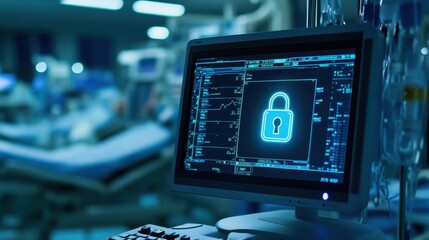 Poster - Medical Computer Screen with Lock Icon Represents Data Security in Healthcare Settings and the Importance of Protecting Patient Information from Cyber Threats