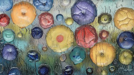 Poster - Vibrant Multicolored Circular Shapes with Raindrops on Glass, Creating a Colorful Abstract Background Full of Life and Beauty
