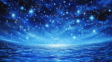 Poster - Tranquil Night Sky Over Reflective Ocean Water with Dazzling Stars Illuminating the Deep Blue Vastness and Creating a Serene Atmosphere