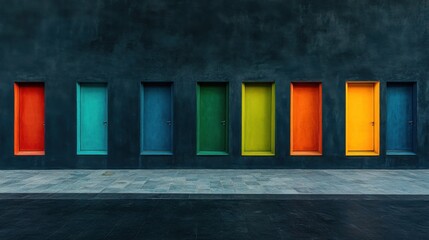 Poster - Vibrant Colorful Doors in a Minimalist Setting Showcasing a Range of Hues Against a Dark Wall Creating an Engaging Visual Experience for Art Lovers and Designers