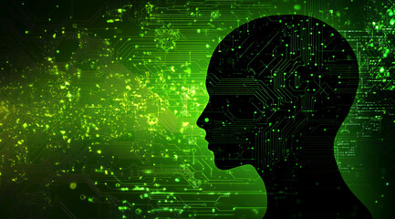 Poster - A silhouette of a head with a circuit board pattern over it, set against a green background of glowing dots and lines