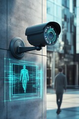 Fototapete - Modern Security Camera with Digital Human Detection Interface in Urban Environment : Generative AI