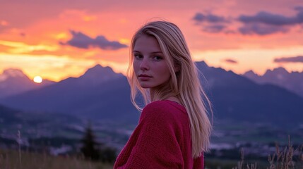 Wall Mural - Woman in Field with Mountains