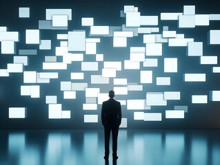 Poster - A person stands before a wall of glowing, abstract screens, contemplating a digital landscape of information and technology.