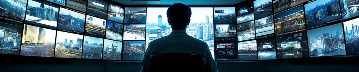 Poster - Surveillance Room with Multiple Screens Showcasing Cityscapes and Urban Monitoring : Generative AI