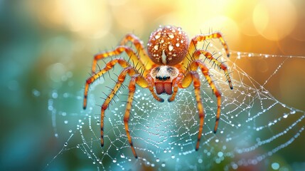 Spider Constructing a Web at Dawn, Close-up of a spider delicately spinning a web, dew-covered strands glistening in early morning light, background blurred for focus 