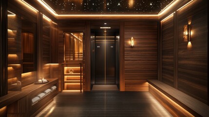 Sophisticated elevator design with wooden walls, reflective surfaces, and a cozy yet contemporary atmosphere.