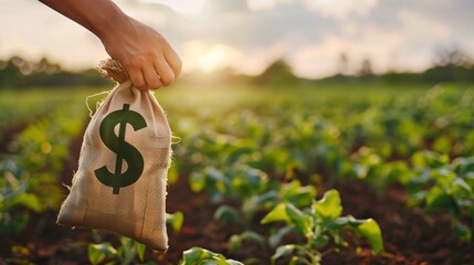 Wall Mural - Mano holding a bag with dollar symbol in an agricultural field, concept of agricultural investment