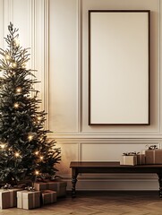 Poster - Minimalist Christmas Living Room with Pine Tree and Wrapped Gifts : Generative AI