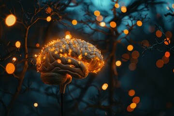 Poster - 3d rendering of a human brain model wrapped in fairy lights glowing in the dark