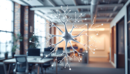 Wall Mural - double exposure of neuron drawing and office interior background. concept of education isolated with