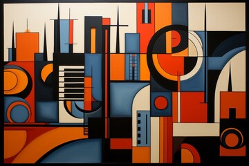 Poster - Abstract cityscape featuring geometric building elements illuminated with dark lighting effects