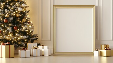 Poster - Elegant Christmas Tree Scene with Gold Frame and Wrapped Gifts in Classic Interior : Generative AI