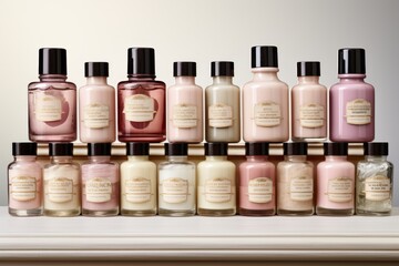 Poster - Elegant display of simple cosmetic packaging with pale pink background and dark accents