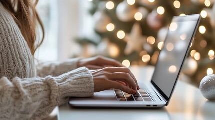 Poster - Woman Typing on Laptop with Bokeh Christmas Tree Lights in Background : Generative AI