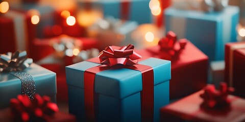 Poster - Colorful Christmas Presents with Red and Blue Ribbons in Festive Holiday Setting : Generative AI