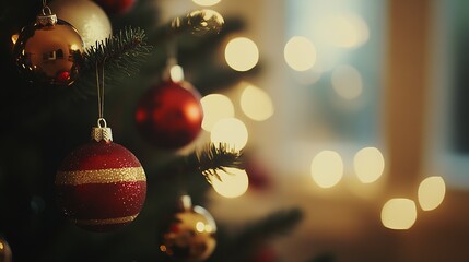 Poster - Close-up of festive Christmas tree with glowing bokeh lights and colorful ornaments on a cozy evening : Generative AI
