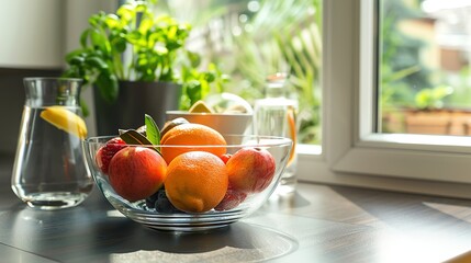Wall Mural - A bowl of fruit, with a pitcher of water in the foreground.