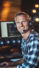 Poster - Smiling Mature Man in Headphones Participating in Online Meeting, Working Late from Home Office