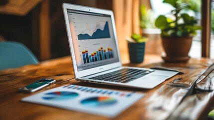 Poster - A laptop with a graph on the screen and a potted plant on a table.