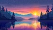 © Vivid - A colorful sunset over a calm lake with mountains and pine trees in the distance.