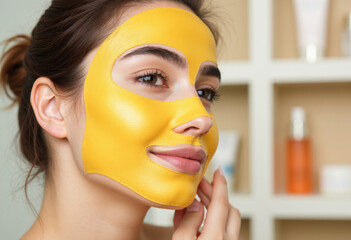 Wall Mural - Woman smiling wearing bright yellow face mask for skincare routine